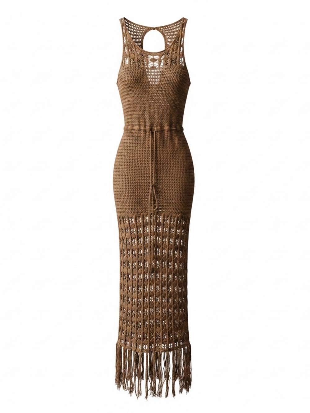Boho Crochet Fringe Maxi Dress in Tan
